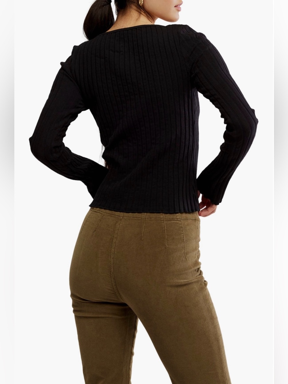 Free People Tilly Black Ribbed Button-Front Long Sleeve Top - Picture 2 of 11